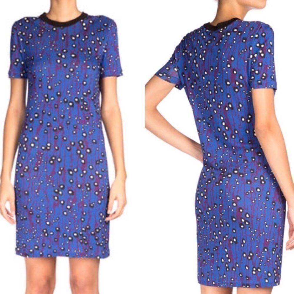 Carven Short Sleeve Abstract Printed Blue & Violet T-Shirt Dress SIZE XS